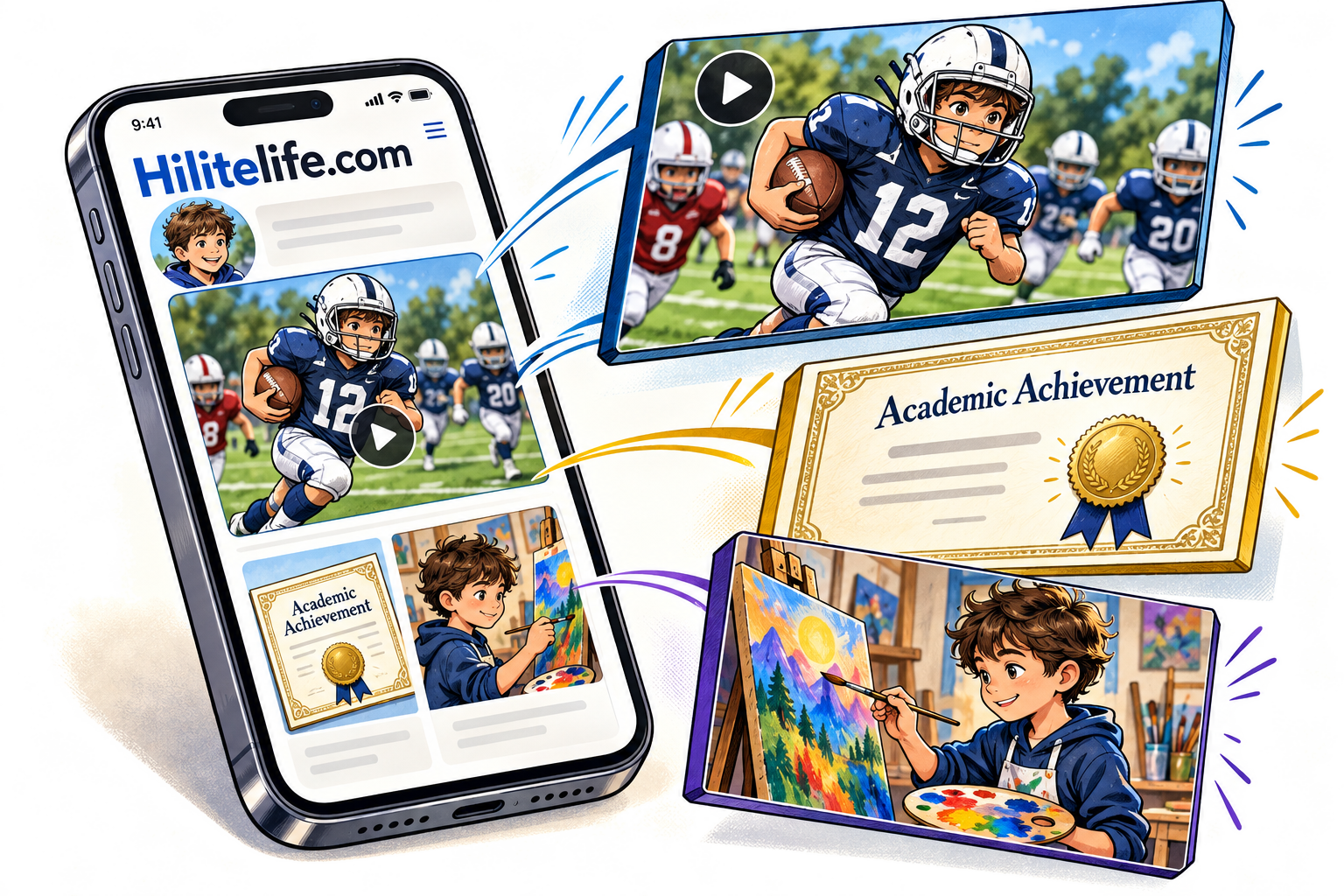 HiLiteLife in hand: smartphone spotlight surrounded by floating action clip, academic honor certificate, and creative painting hobby